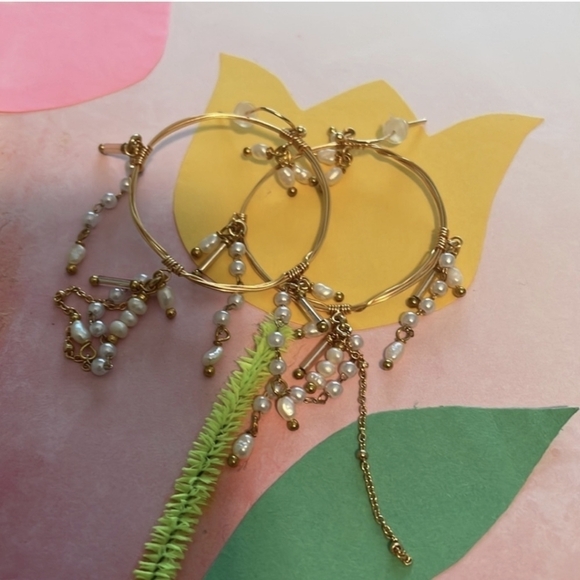 Anthropology Loops with faux pearls Boho Feminine Gold  Earrings - Picture 2 of 4